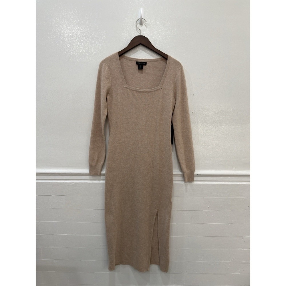 Rachel Zoe Sweater Dress Womens Small Tan NWT Square Neck Long Sleeve Slit Midi